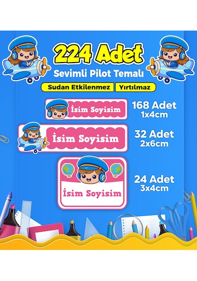Sevimli Pilot Temalı Okul Kreş Kişiye Özel İsim Etiket Seti - Model 328 Çok Renkli