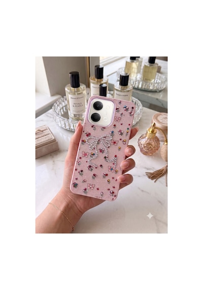 Vivo Y11d - Y05 Taşlı Desenli Fiyonk Silikon Kılıf Pembe