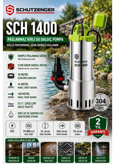 Sch1400 Kirli Çamurlu Su Pompası Dalgıç Motor Şamandıralı 3.5 Hq Bakır 14 Mt Dik Su Atar Komple Paslanmaz Dalgıç