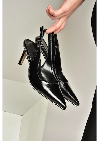 Fox Shoes Y572099760 Siyah Rustik İnce Topuklu Kadın Ayakkabı Siyah