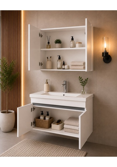 Modern 80 Cm Beyaz Renkli Mdf Seramik Lavabolu Alt Ve Üst Dolaplı Üst Aynalı Banyo Dolabı