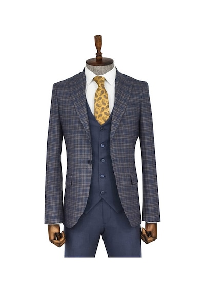 Ekose Ceketli Slim Fit Mavi Erkek Takım Elbise - Wessi Mavi