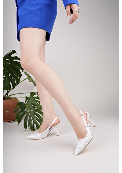 Nesilshoes Nesil Shoes Uraz 760 Beyaz Taşlı Topuklu Kadın Sandalet