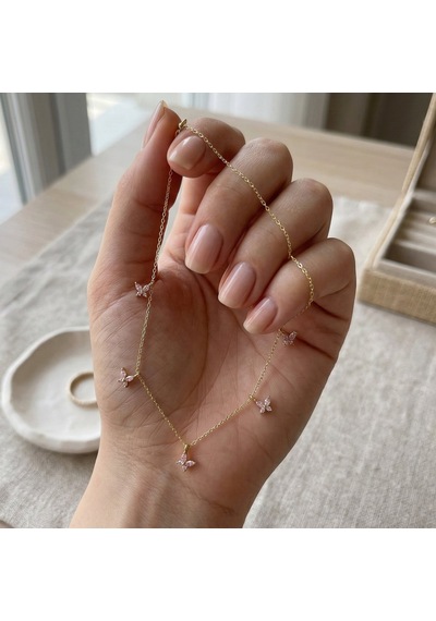 925 Ayar Gümüş Pembe Taşlı Altın Kaplama Şans Kelebek Kolye Gold