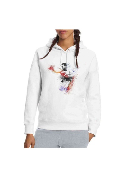 Muhammed Ali Damla Baskılı Beyaz Kadın Kapşonlu Sweatshirt