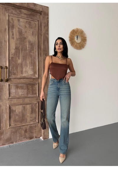 Kadın Straight Likralı Yüksek Bel Boru Paça Kot Pantolon Mavi Tint Mavi+tint