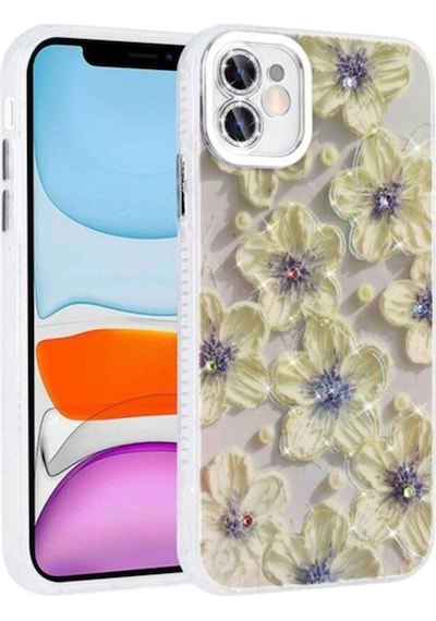 Apple Uyumlu iPhone 11 Kılıf Çiçek Desenli Parlak Taşlı Sert Silikon Zore Garden Kapak Mavi