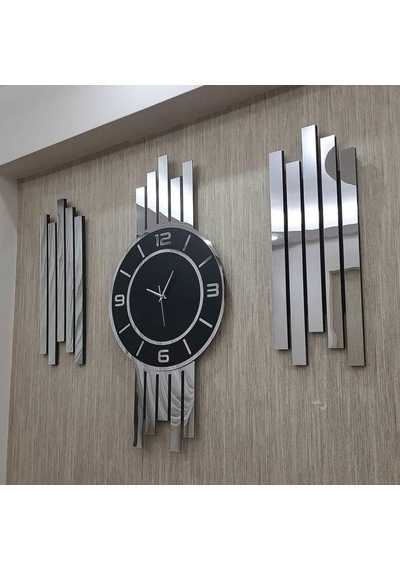 Gümüş Renk Aynalı Pleksi Modern Tasarım Oval Duvar Saati Tablo 3 Lü Set Sessiz Mekanizma Saat 70x35cm Tablo 50x20 Cm Ahşap - Gümüş - Siyah
