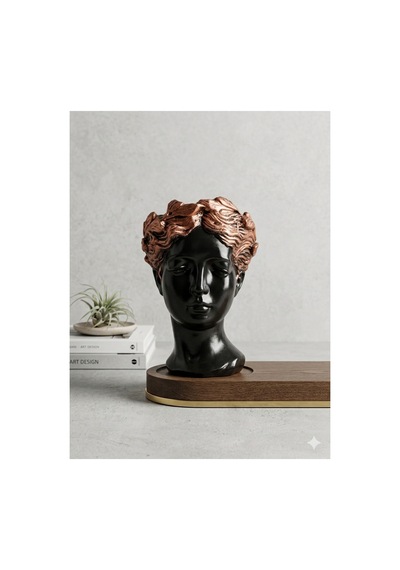 Dekoratif Orta Boy Siyah Bronz Helen Heykel Antik Saksı Büst Biblo 25x17cm