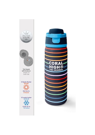 Coral High Çok Renkli Çizgi Desenli Pipetli Ve Direkt İçim Çelik Termos 800 Ml 38509 Lacivert - Şampanya