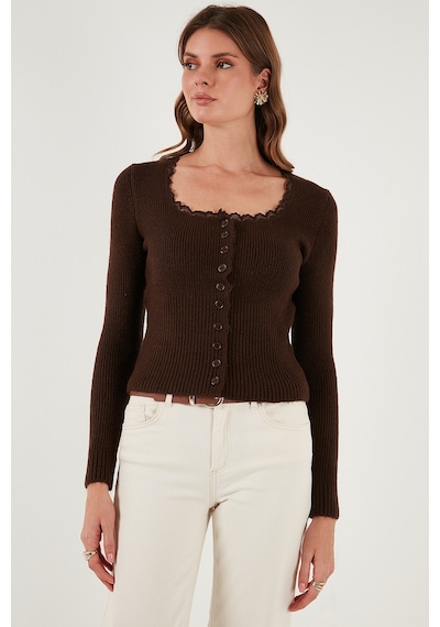 Lela Premium Slim Fit Dantel Detaylı Yaka Örme Bayan Hırka 680Hi00061 Kahve