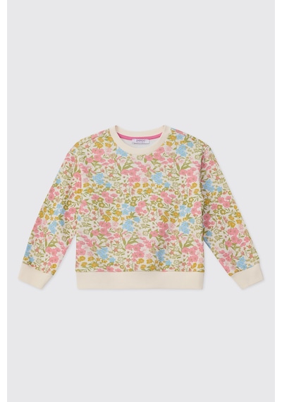 Panço Kız Çocuk Çiçek Desenli Pembe Sweatshirt