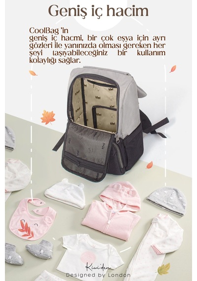 Kiwi Coolbag Anne Bebek Çantası - Bebek Bakım Çantası - Termal Gözlü Su Geçirmez Alt Açma Pedli - Gri Grii