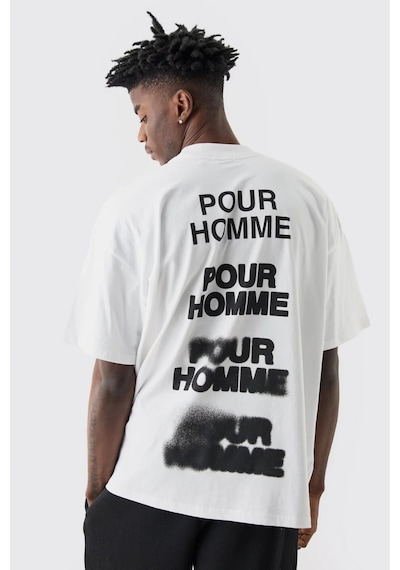 T-shirt - Pour Homme Baskılı Oversize Bisiklet Yaka Kısa Kol Beyaz Tişört Beyaz