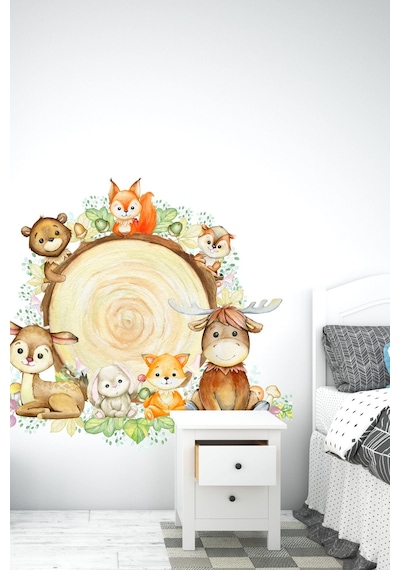 MSticker Kütükte Sevimli Hayvanlar Çocuk Bebek Odası Duvar Sticker 60x70cm