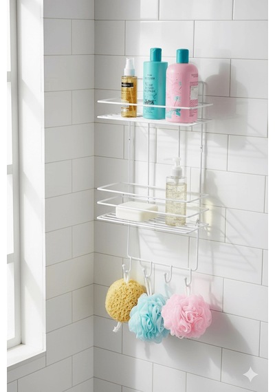 Sas Haus 2 Katlı Beyaz Kancalı Banyo Duş Rafı, Şampuanlık, Lif/kese Askılı, Paslanmaz Metal, Banyo Düzenleyici - Tş-02 Beyaz