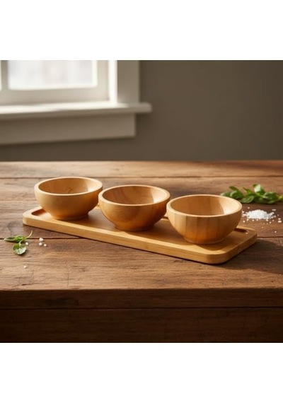 Doğal Bambu Standlı 3'lü Yuvarlak Sosluk Ve Çerezlik Seti 20x6,5 Cm - Kahvaltılık İkramlık Takımı Diğer