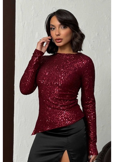 Verymoda Parlak Payetli Uzun Kollu Bluz - F2060 Bordo