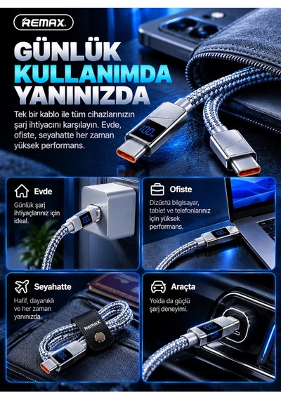 Remax Cb02-cc 100w Dijital Ekranlı Hızlı Şarj Ve Data Kablosu Type-c To Type-c 1.2 Metre Gri