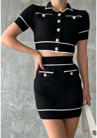 De Pose Kadın Siyah Polo Yaka Inci Düğmeli Mini Etek Crop Ikili Takım