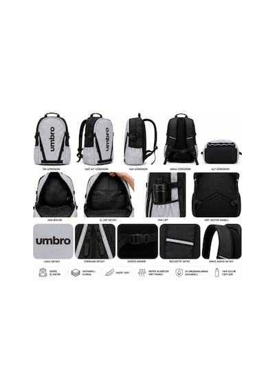 Umbro Yuki Backpack Gri Su İtici, Reflektörlü Spor Sırt Çantası, Okul Çantası - Tt0022