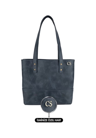 Twingold İsme Özel Tote Bag El Omuz Çantası - %100 Rainbow Deri - Ac03003 - Lacivert Lacivert