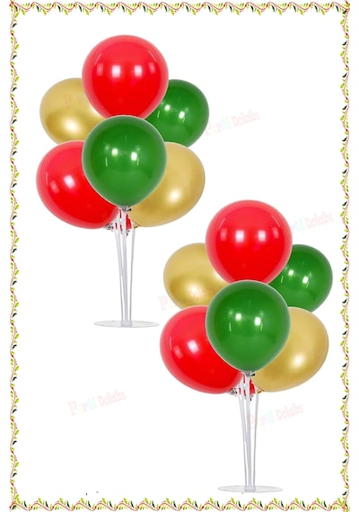 2 Adet Balon Standı 14 Adet Yeşil Kırmızı Gold Yılbaşı Balon Set