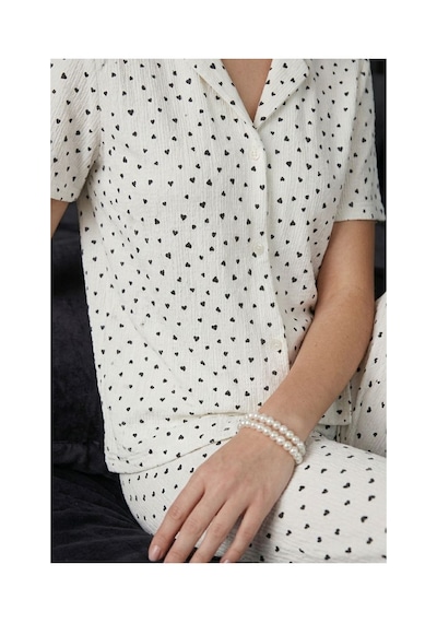 Fit Women Siyah Kalp Detaylı Bürümçük Kumaş Kısa Kollu Pijama Takımı 6066 Kar Beyaz