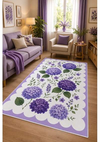 Floral Mor Ortanca Desen Baskılı Kaymaz Yıkanabilir Salon Oturma Odası Mutfak Balkon Halısı Yolluk