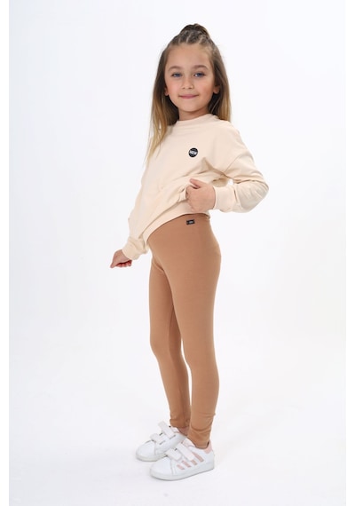 Toontoy Kids Toontoy Kız Çocuk 2'li Takım Baskılı Bisiklet Yaka Düşük Omuz Cepli Sweatshirt & Basic Düz Tayt Bej
