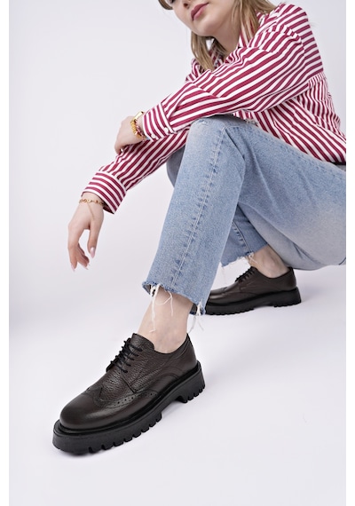 Muggo Amour Bağcıklı Hakiki Deri Kalın Taban Günlük Casual Makosen Kadın Loafer Ayakkabı Kahverengi