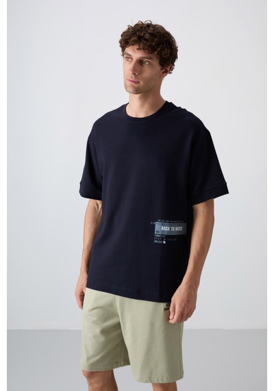 Tommy Life Lacivert Pamuklu Kalın Yumuşak Dokulu Oversize Fit Baskılı Erkek T-shirt - 88322 Lacivert