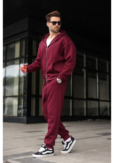 Madmext Bordo Çift Fermuarlı Kapüşonlu Eşofman Takımı E7345 Bordo