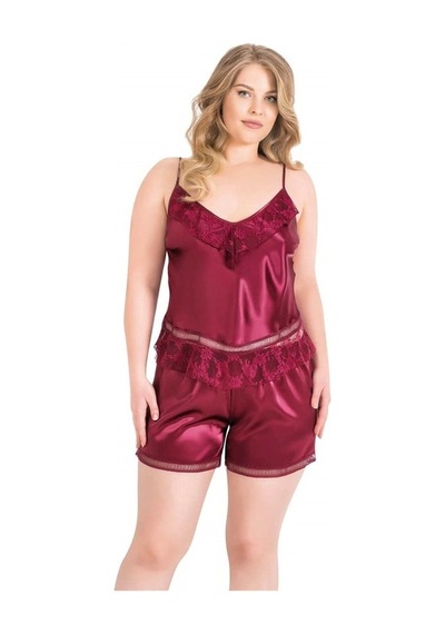 Amora Secret Büyük Beden Bordo Saten Babydoll Şort Takımı