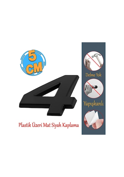 Lexroo Yapışkanlı Kapı Numarası Küçük Boy 50 Mm 5 Cm Numara 4 Rakam Dört Sayı Siyah Renk Numaralar Standart