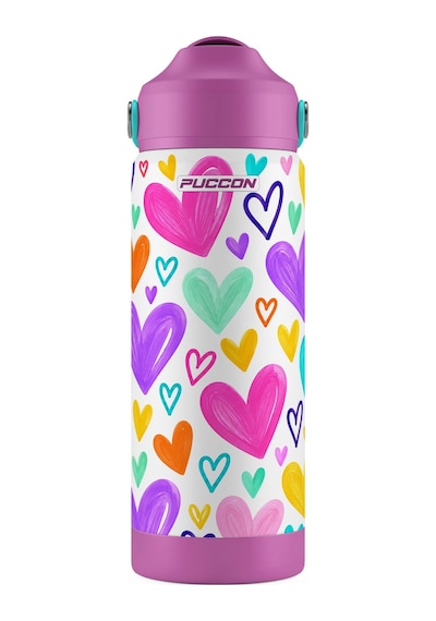 Puccon 540 Ml Kalp Desenli Mor - Pembe Kız Çocuk Pipetli Çelik Termos Matara/suluk - 60062