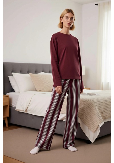 Benerly Kadın Bisiklet Yaka Uzun Kol Standart Kalıp Çizgili Örme Pijama T bordo