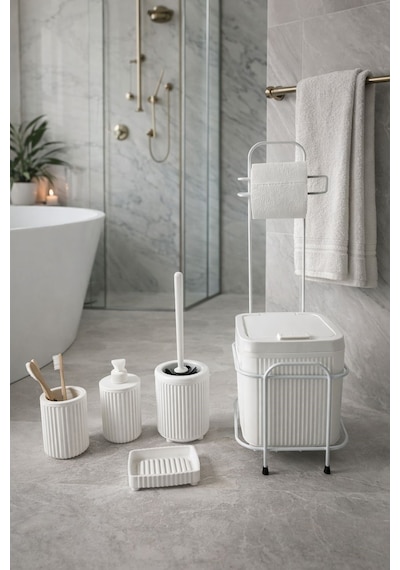 Standlı Beyaz Banyo Aksesuar Seti Tuvalet Fırçası, Banyo Kovası, Sabunluk Ve Diş Fırçalık Seti Beyaz