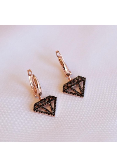 Elmas Simgeli Siyah Zirkon Taşlı Rose Gold Kaplama Gümüş Küpe Gümüş