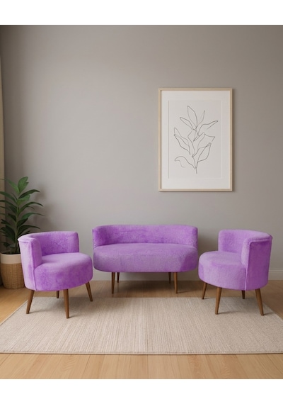 Sydney 2+1+1 Welsoft Tüylü Yumuşak Kumaş Balkon Çay Seti Koltuk Takımı - Ahşap Ayak - Lila