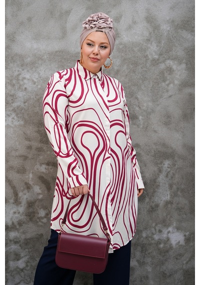 Polologin Butik Bordo Beyaz Modern Desen Tunik Bordo Beyaz