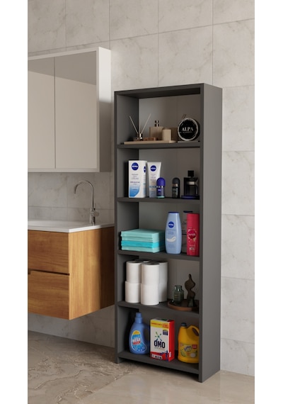 Banyo Çamaşır Dolabı 5 Raflı 150 Cm Çok Amaçlı Saklama Ve Düzenleyici Raf Antrasit