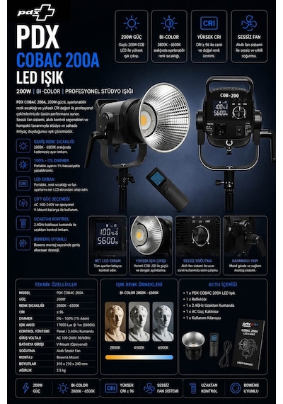 Pdx Cobac 200a Led Işık 200w Bi-color Profesyonel Stüdyo Işığı