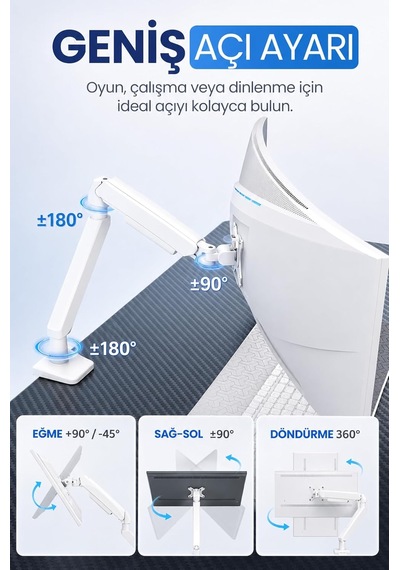Tek Kollu Monitör Kolu Vesa Uyumlu Hareket Ayarlanabilir Monitör Standı 17-32 9kg Kapasite Beyaz