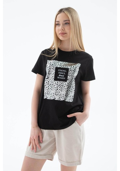 Fashion Friends Baskılı %100 Pamuklu Siyah Kadın T-shirt 25y0430k1 Siyah
