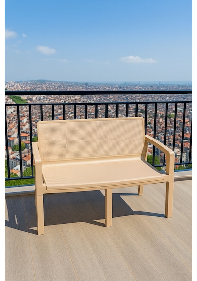 Prestij 2 Kişilik Mindersiz Plastik Bank, Bahçe Balkon Teras Plastik Koltuk Cappuccino