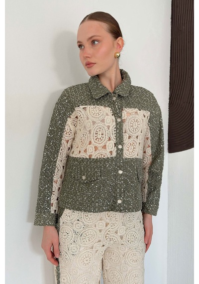 Verymoda Dantel Detatlı Kot Ceket F1758 Ham Haki