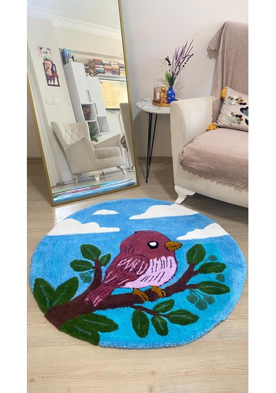 El Yapımı Tufting Kuş Temalı Yuvarlak Halı / Paspas Açık Mavi