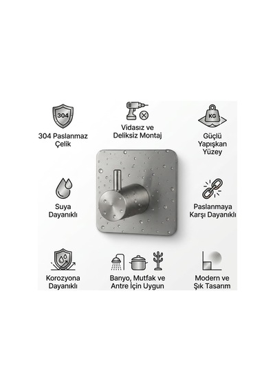 Tr Kare Yapışkanlı Askılık 304 18/10 Paslanmaz Çelik, Vidasız Deliksiz Metal Duvar Askısı, Banyo Mutfak Antre Genel