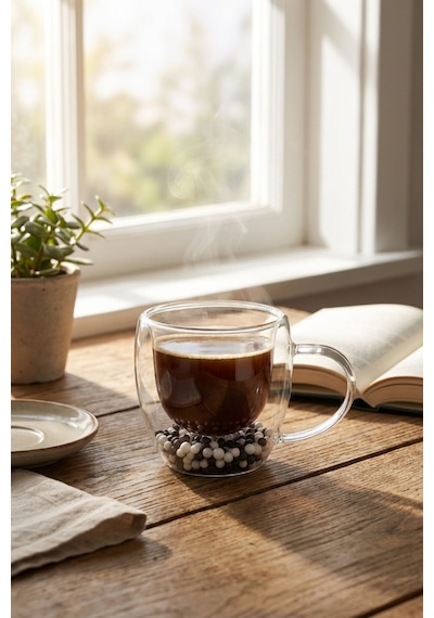 Makri Home Çift Cidarlı Siyah Beyaz Cam Kupa 250 Ml Isıya Dayanıklı Şeffaf